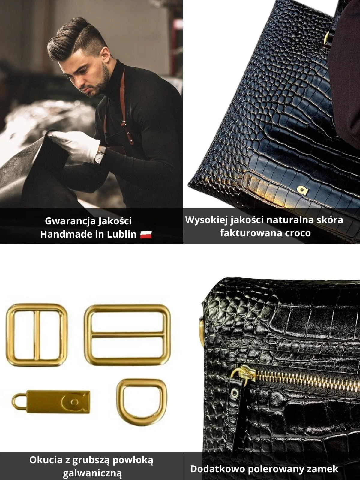Detale: gwarancja jakości handmade w Lublinie, okucia z powłoką galwaniczną, polerowany zamek